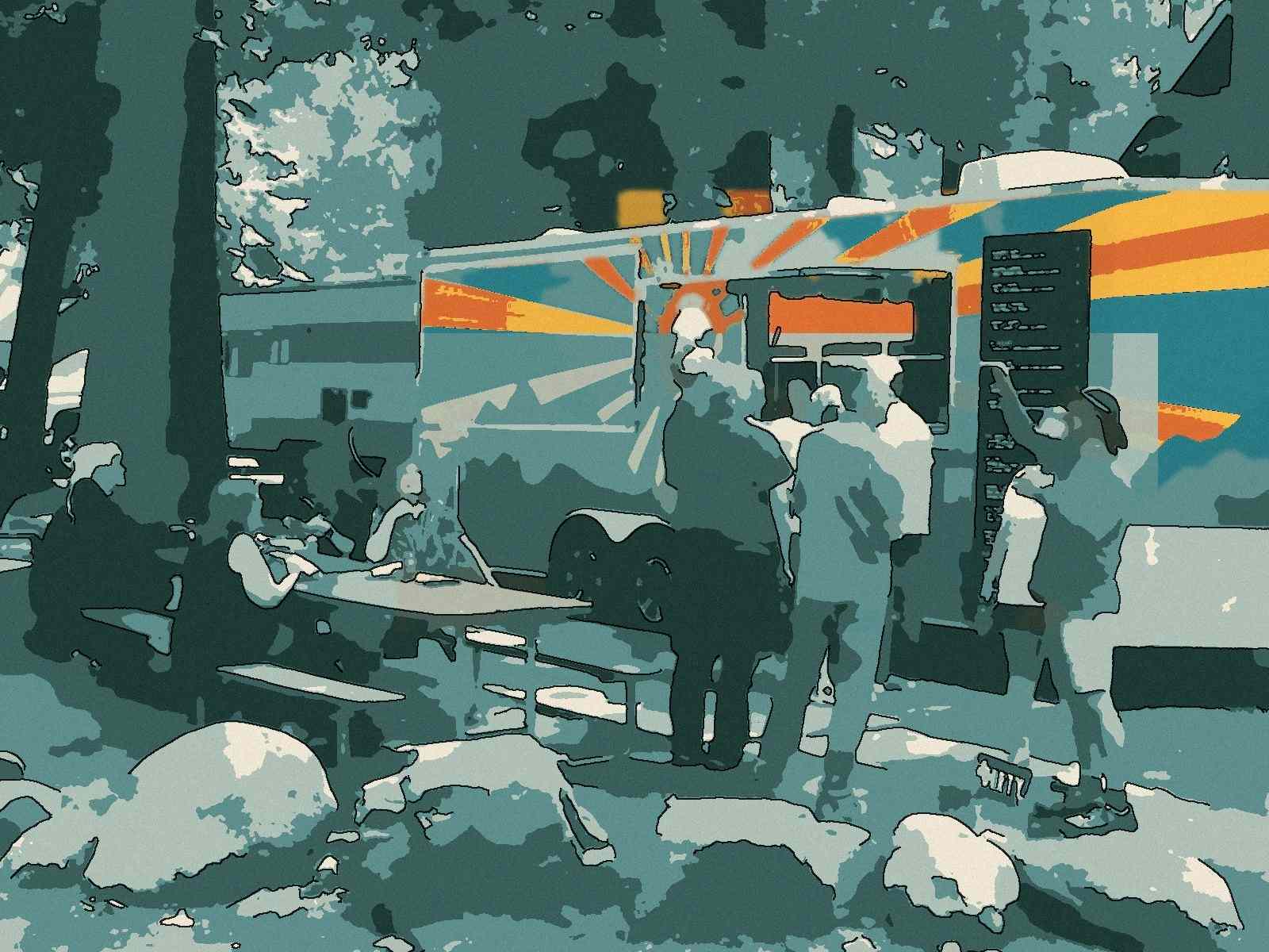 Screen-print style illustration of guests eating at picnic tables in front of the trailer under the pines