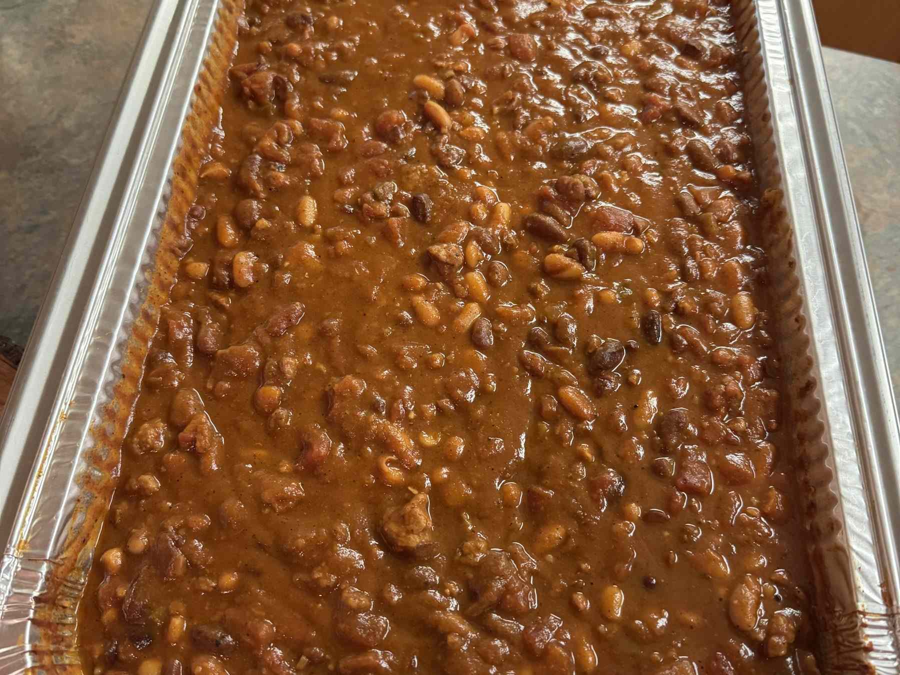A full pan of baked beans